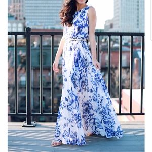 New Eliza J Pleated Floral Chiffon Maxi Dress Sz 4